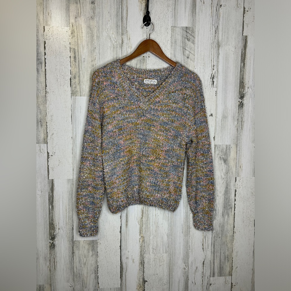 Made With Love By FCT Women's Fuzzy Metallic Space Dye Sweater Gray Blue Size S